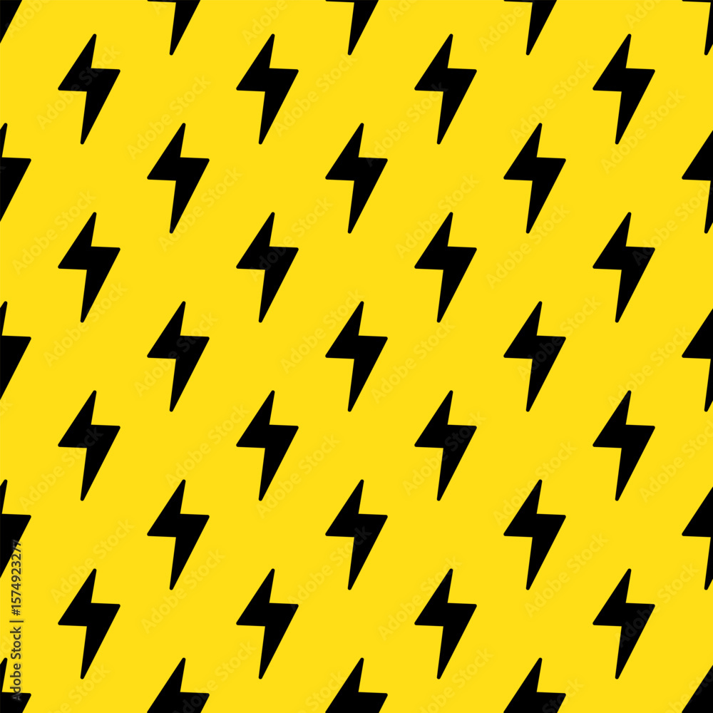 Poster lightning bolts seamless pattern. yellow and black repeating endless background.