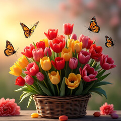 Vibrant tulips in a basket with butterflies at sunset