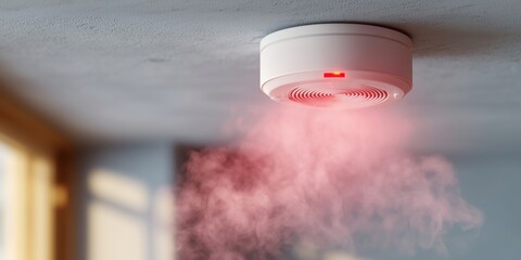 Close-up of active smoke detector with red LED blinking and smoke rising below. Modern fire alarm mounted on ceiling in bright interior. Concept of home safety and emergency detection.