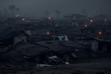 Dense volcanic haze settles over rooftops in a darkened village as lava glows in the distance and emergency generators flash warnings across the quiet deserted streets as additional