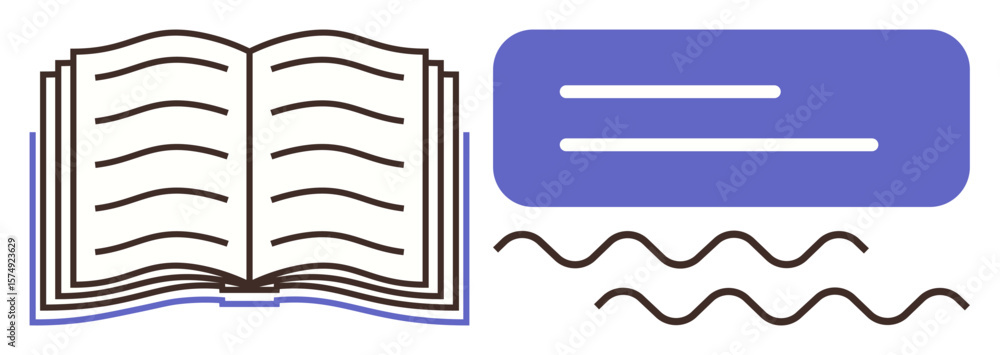 Poster open book with horizontal lines symbolizing text, blue textbox for dialogue, and wavy lines depictin