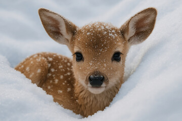 Adorable Fawn in Winter Wonderland A Snow-Covered Delight