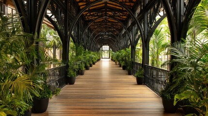 Elegant covered walkway with wooden planks and lush green plants on either side