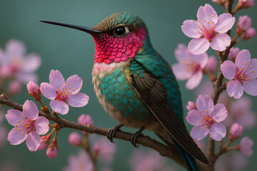 Vibrant Hummingbird Amidst Delicate Spring Blossoms A Stunning Avian Portrait