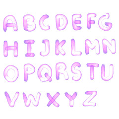 Capital English letters A-Z glowing purple. On an isolated transparent background. Template for banner, poster, etc.