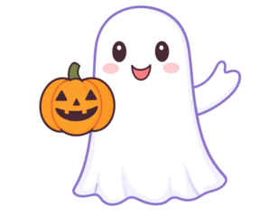 kawaii ghost holding pumpkin, Halloween style, transparent background