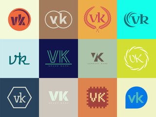 VK logo company template. Letter v and k logotype. Set different classic serif lettering and modern bold text with design elements. Initial font typography.