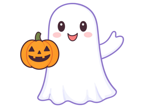 kawaii ghost holding pumpkin, Halloween style, transparent background