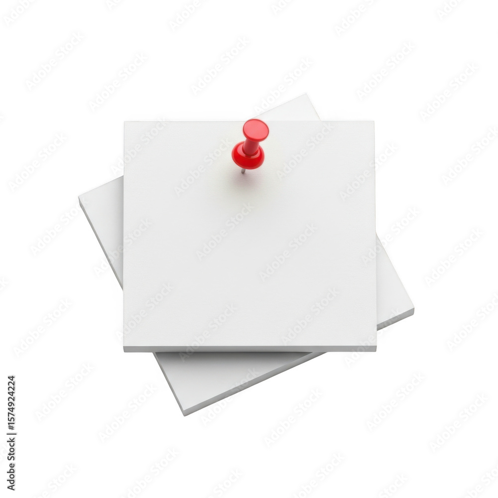 Poster red pushpin securing white paper notes stacked together isolated on transparent background