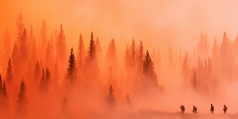 Obraz premium Silhouettes of firefighters walking through dense orange smoke in a burning forest. Dramatic wildfire scene with tall pine trees, intense haze, and atmospheric lighting.