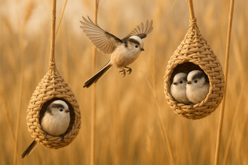 Long-tailed Tit Birds in Woven Nests A Stunning Avian Scene
