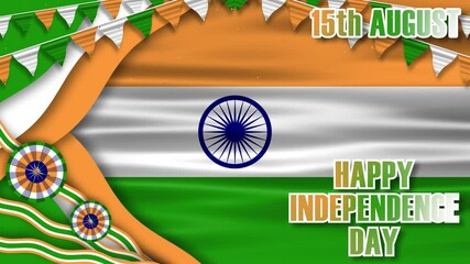 15th august and happy independence day blessings text in decorated background in india national flag colour and national flag.