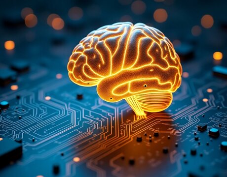 Big data and artificial intelligence concept. Human brain glowing from processor, symbolizing the fusion of human intelligence and machine learning capabilities. Evolution of technology of data.

 - Powered by Adobe