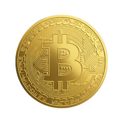 Shiny golden bitcoin cryptocurrency coin with b symbol isolated on transparent background