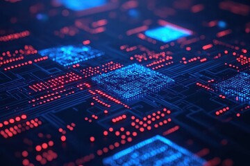 Close-up of a glowing circuit board with blue and red illuminated components, showcasing intricate electronic pathways and microchip creation.