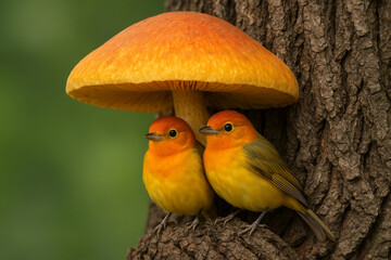 Orange Birds Sheltering Under a Vibrant Mushroom A Serene Nature Scene