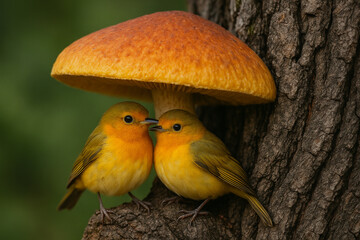 Enchanted Forest Two Birds Sharing a Moment Under a Giant Mushroom