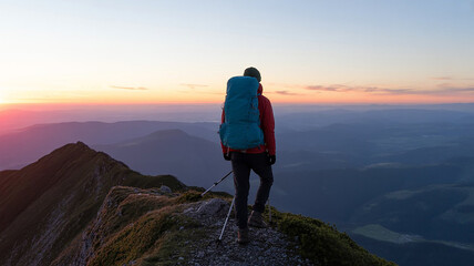 Fototapeta premium Sunrise Hike Adventurer on Mountain Peak at Dawn