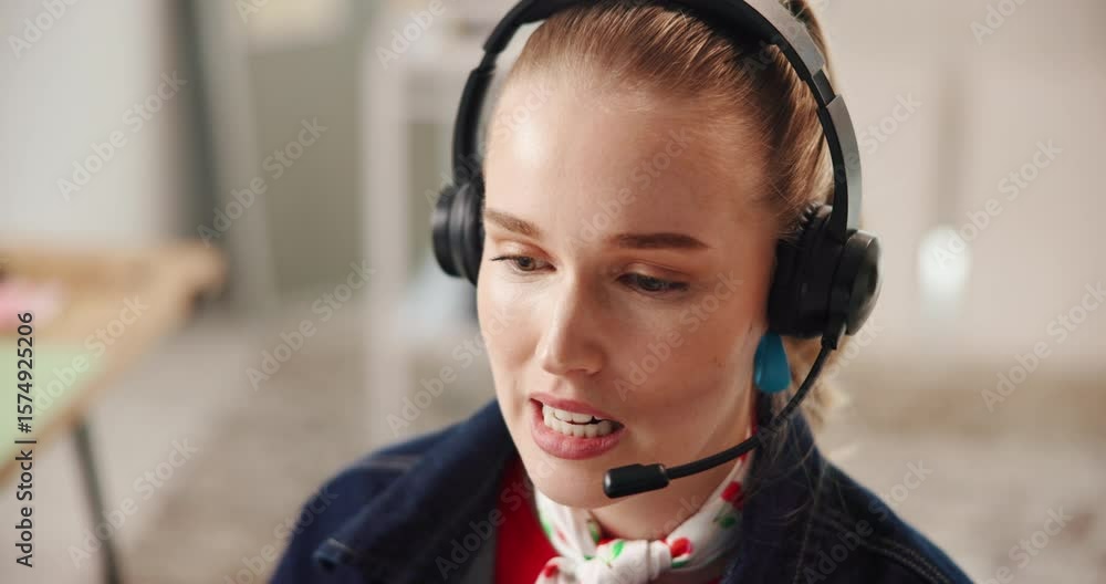 Poster call center, talk and woman with customer service for tech support, help and troubleshooting. happy 