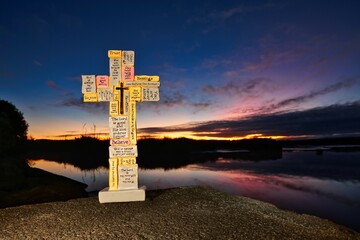 Stone Block Cross Dawn Sky Reflection