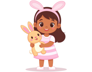 kawaii girl with bunny ears headband, holding plushie, transparent background