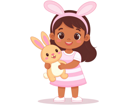 kawaii girl with bunny ears headband, holding plushie, transparent background