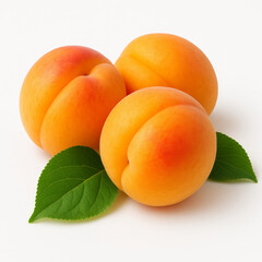 Three ripe apricots with leaves isolated on white background