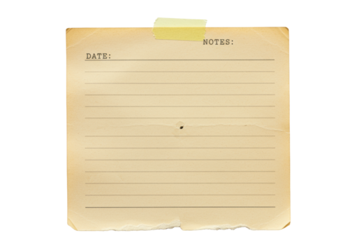 Vintage-style light brown lined paper with torn, distressed bottom, a pinhole, and yellow tape, featuring 'DATE:' and 'NOTES:', isolated against a transparent background with copy space, top-down - Powered by Adobe
