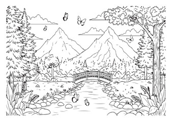 Fototapeta premium A picturesque mountain landscape includes a river and a small bridge