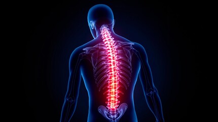 Human Spine Anatomy with 3D Pain Zones – Lower Back Focus on Dark Background for Medical & Health Visuals