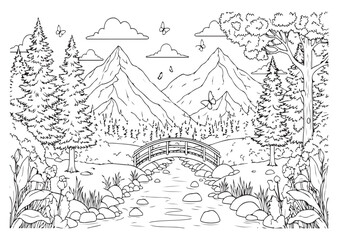 Fototapeta premium A scenic mountain view shows a river crossed by a small bridge