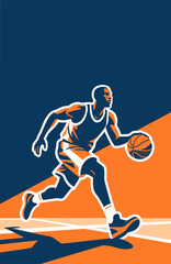 Vector design of an urban-style basketball scene in vivid, contrasting colors.