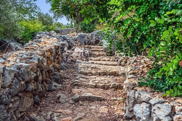 Stone staircase surrounded by greenery, leading up a rocky path within Alanya Castle, Turkey. The...