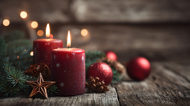 Christmas Background - Advent Candles, Greeting Card, 3. Advent decoration with star and tree, red balls on light rustic wood, friendly warm Xmas backdrop with copy space, banner, header, panorama
