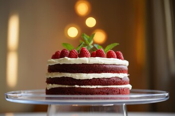 Layered cake with white frosting stands on a glass plate