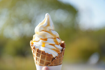 Soft serve ice cream drizzled with caramel syrup
