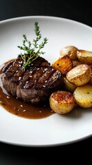 Plated steak with roasted potatoes and sauce presented for fine dining experience