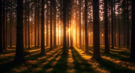 Obraz premium Autumn morning sun illuminates a colorful forest path with golden leaves