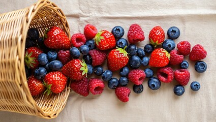 Strawberries, blueberries, and raspberries spill from wicker basket