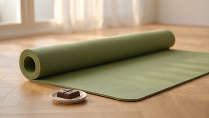Chocolate squares sit beside a yoga mat on plate