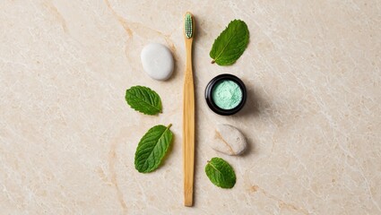Bamboo toothbrush and mint leaves arrangement