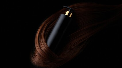 Black shampoo bottle lying on auburn hair