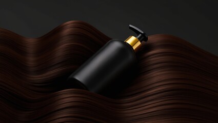 Hair product in black bottle on wavy dark hair