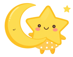 kawaii star character holding moon, bedtime theme, transparent background 