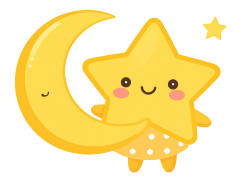 kawaii star character holding moon, bedtime theme, transparent background 