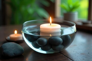 Serene floating candle in a glass bowl filled with water and smooth river stones, creating a tranquil spa-like atmosphere Perfect for relaxation, meditation, or aromatherapy imagery , calm, yoga