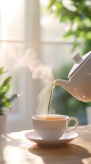 Warm steam rises as tea is poured into a cup. Sunlight streams through a window, highlighting the scene