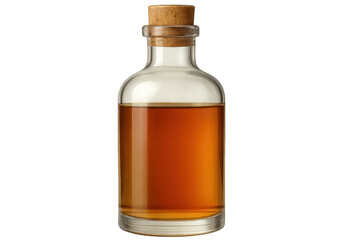 Amber liquid inside short clear glass bottle, cork-sealed, positioned against transparent backdrop