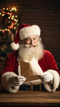 White bearded senior man in red suit reading letter at wooden table with festive lights, studio photography