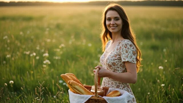 Young woman smiling while holding a basket of bread in a sunny field  